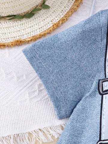 Young Girl Summer Fashion Denim Printed Dress, Cute Cat & Letter Print 'Be Happy Every Lucky Day' Short Sleeve T-Shirt Dress, Princess Dress