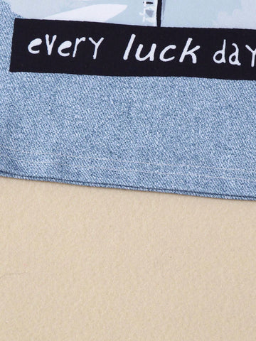 Young Girl Summer Fashion Denim Printed Dress, Cute Cat & Letter Print 'Be Happy Every Lucky Day' Short Sleeve T-Shirt Dress, Princess Dress