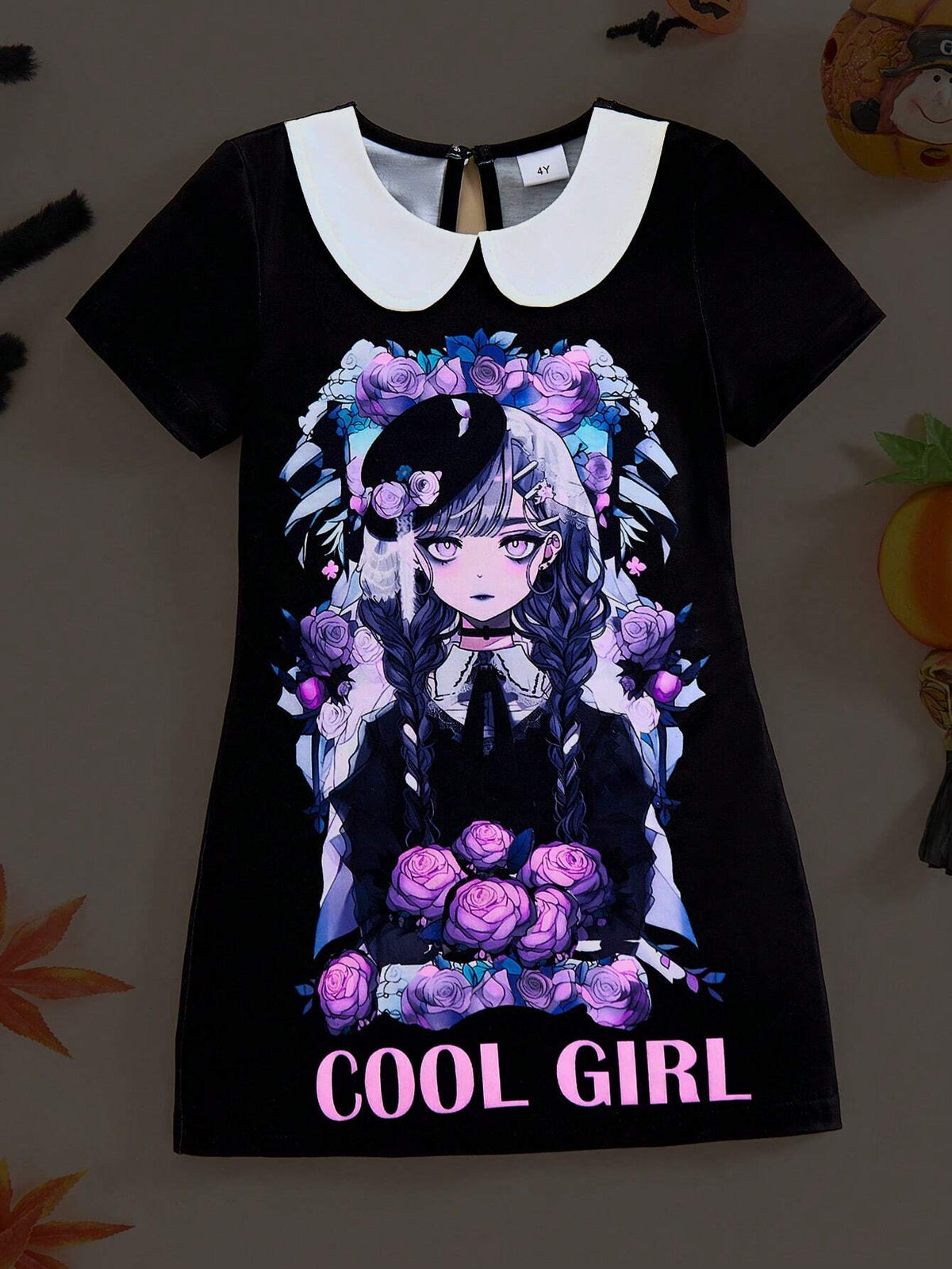 Young Girl Summer Fashion Fluorescent Cartoon Character, Flower And Letter Print Dress