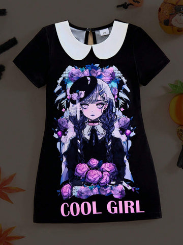 Young Girl Summer Fashion Fluorescent Cartoon Character, Flower And Letter Print Dress