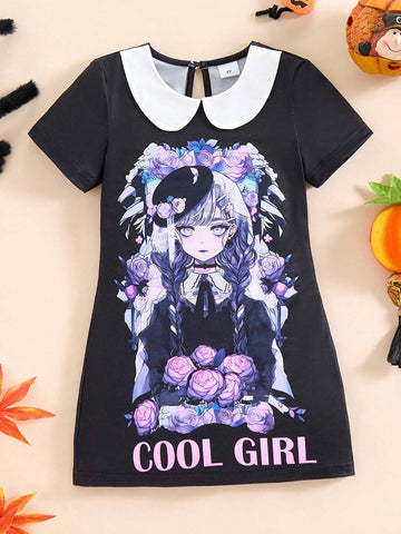 Young Girl Summer Fashion Fluorescent Cartoon Character, Flower And Letter Print Dress