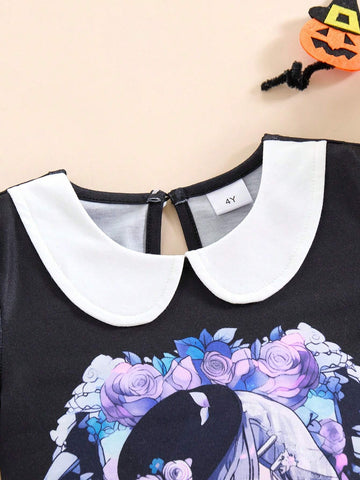 Young Girl Summer Fashion Fluorescent Cartoon Character, Flower And Letter Print Dress