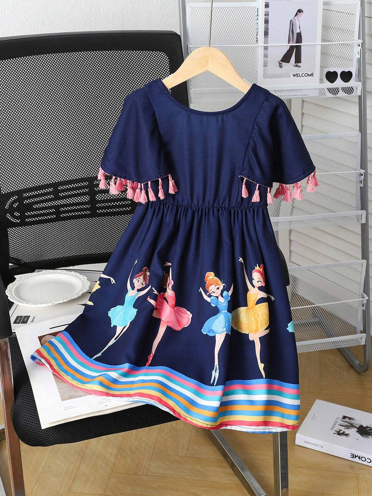 Young Girl Summer Fashion Striped Color-Block Cartoon Printed Tassel Decorated Dress