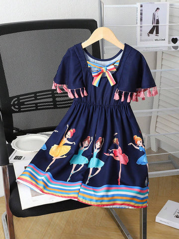 Young Girl Summer Fashion Striped Color-Block Cartoon Printed Tassel Decorated Dress