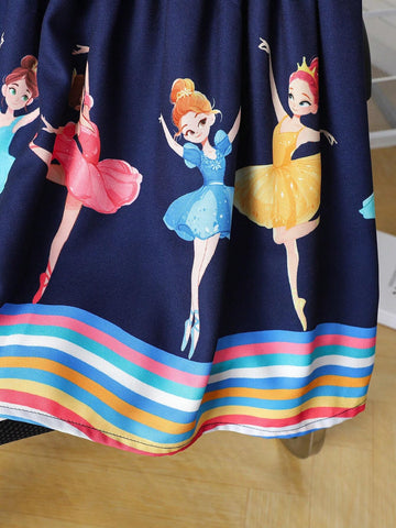 Young Girl Summer Fashion Striped Color-Block Cartoon Printed Tassel Decorated Dress