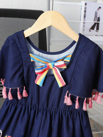 Young Girl Summer Fashion Striped Color-Block Cartoon Printed Tassel Decorated Dress