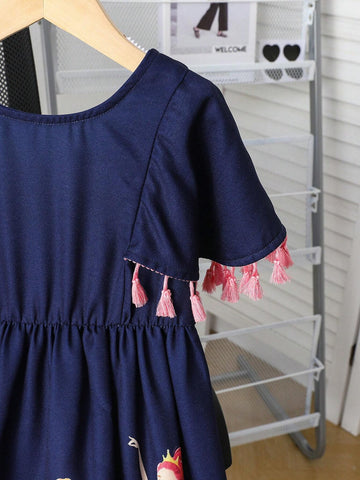Young Girl Summer Fashion Striped Color-Block Cartoon Printed Tassel Decorated Dress