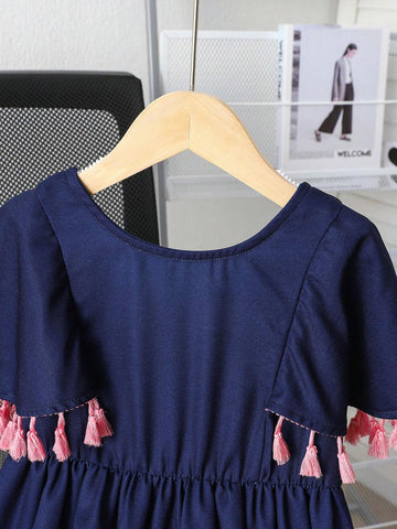 Young Girl Summer Fashion Striped Color-Block Cartoon Printed Tassel Decorated Dress