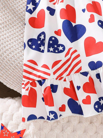 Young Girl Summer Fashionable Striped Dress With Heart, Stars, And American Flag Pattern, Independence Day Woven Sundress With Open Shoulder Design, Comfortable And Cool For Vacation