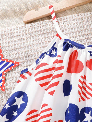 Young Girl Summer Fashionable Striped Dress With Heart, Stars, And American Flag Pattern, Independence Day Woven Sundress With Open Shoulder Design, Comfortable And Cool For Vacation