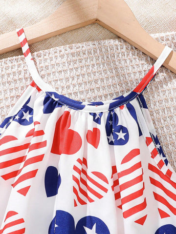 Young Girl Summer Fashionable Striped Dress With Heart, Stars, And American Flag Pattern, Independence Day Woven Sundress With Open Shoulder Design, Comfortable And Cool For Vacation