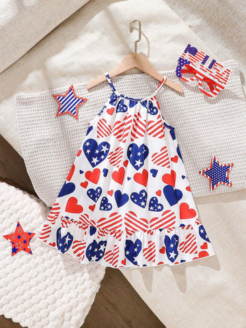 Young Girl Summer Fashionable Striped Dress With Heart, Stars, And American Flag Pattern, Independence Day Woven Sundress With Open Shoulder Design, Comfortable And Cool For Vacation