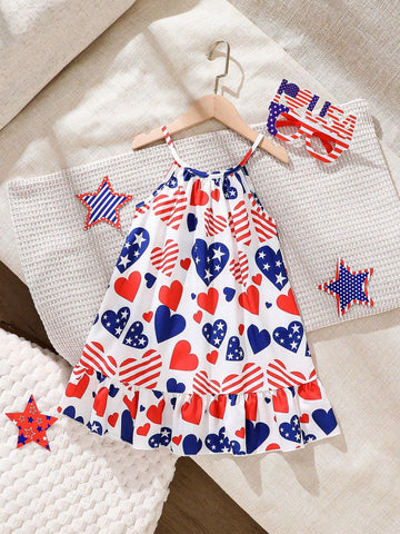 Young Girl Summer Fashionable Striped Dress With Heart, Stars, And American Flag Pattern, Independence Day Woven Sundress With Open Shoulder Design, Comfortable And Cool For Vacation