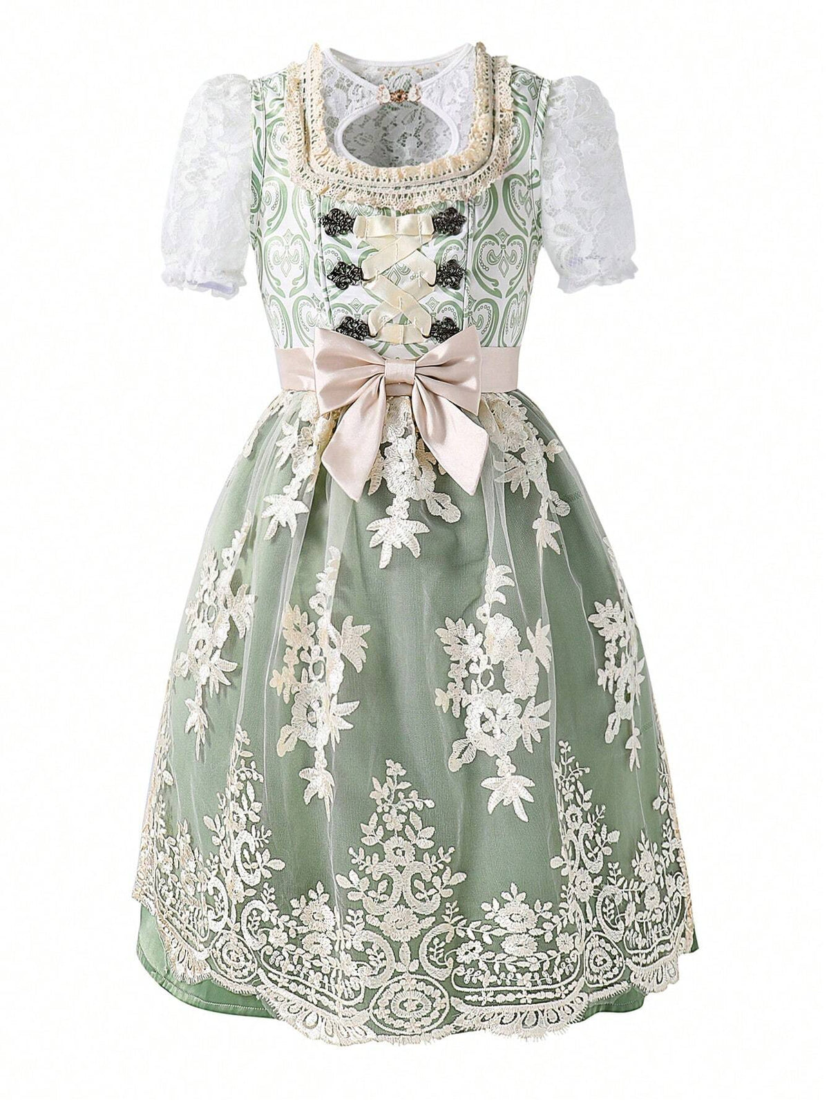 Young Girl Summer Floral Applique Mesh & Lace Puff Sleeve Fancy Dress