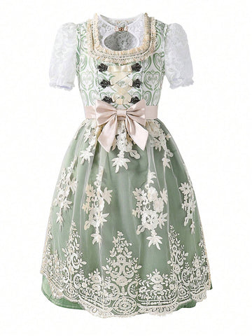 Young Girl Summer Floral Applique Mesh & Lace Puff Sleeve Fancy Dress