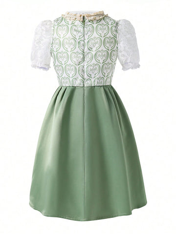 Young Girl Summer Floral Applique Mesh & Lace Puff Sleeve Fancy Dress