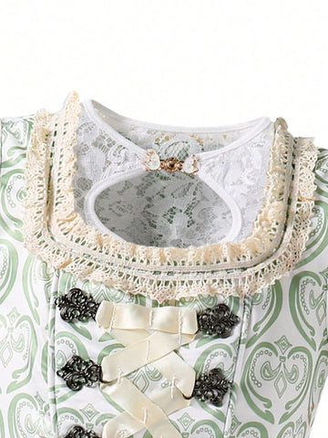 Young Girl Summer Floral Applique Mesh & Lace Puff Sleeve Fancy Dress