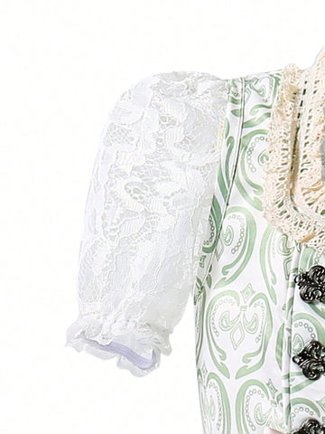 Young Girl Summer Floral Applique Mesh & Lace Puff Sleeve Fancy Dress