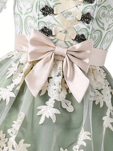 Young Girl Summer Floral Applique Mesh & Lace Puff Sleeve Fancy Dress