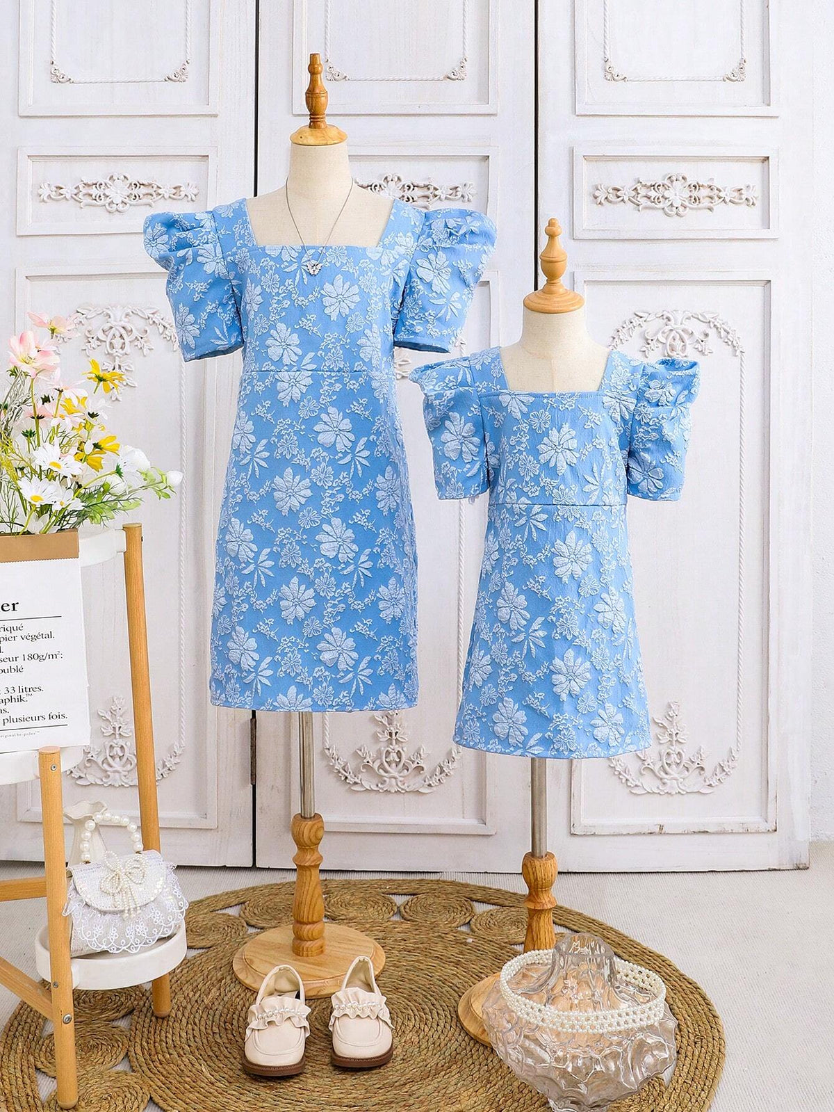 Young Girl Summer Floral Jacquard Square Neck Short Puff Sleeve Cute Dress