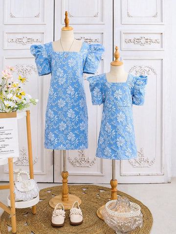 Young Girl Summer Floral Jacquard Square Neck Short Puff Sleeve Cute Dress