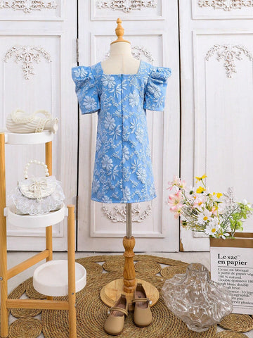Young Girl Summer Floral Jacquard Square Neck Short Puff Sleeve Cute Dress