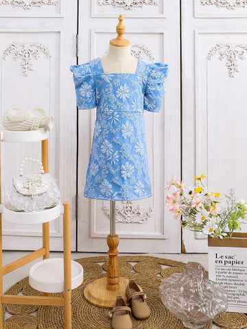 Young Girl Summer Floral Jacquard Square Neck Short Puff Sleeve Cute Dress