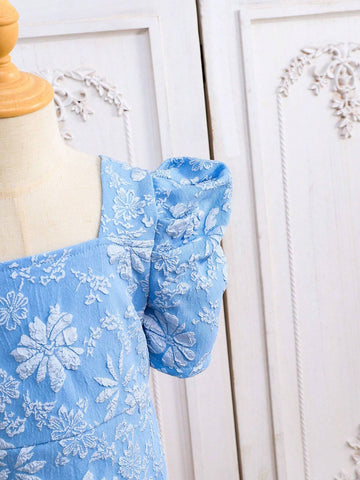 Young Girl Summer Floral Jacquard Square Neck Short Puff Sleeve Cute Dress