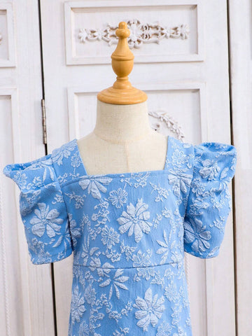 Young Girl Summer Floral Jacquard Square Neck Short Puff Sleeve Cute Dress