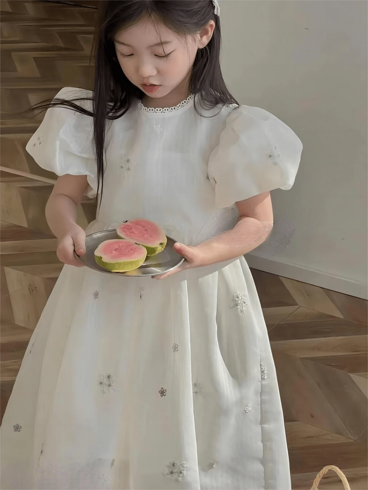 Young Girl Summer Floral Pattern Round Neck Short Puff Sleeve Cute Dress