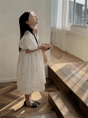 Young Girl Summer Floral Pattern Round Neck Short Puff Sleeve Cute Dress