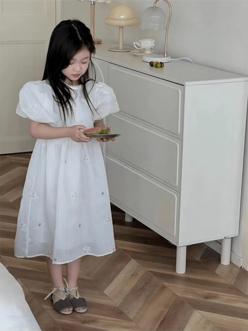 Young Girl Summer Floral Pattern Round Neck Short Puff Sleeve Cute Dress