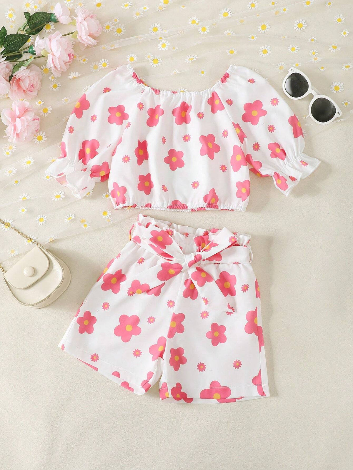 Young Girl Summer Floral Print Round Neck Top And Paper Bag Waist Shorts Set