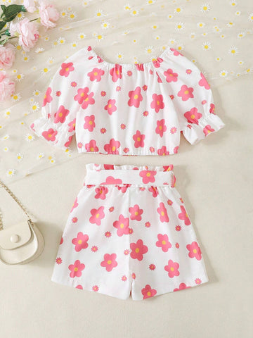 Young Girl Summer Floral Print Round Neck Top And Paper Bag Waist Shorts Set