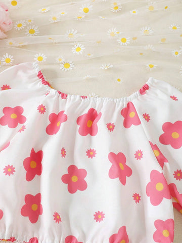 Young Girl Summer Floral Print Round Neck Top And Paper Bag Waist Shorts Set