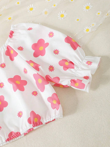 Young Girl Summer Floral Print Round Neck Top And Paper Bag Waist Shorts Set