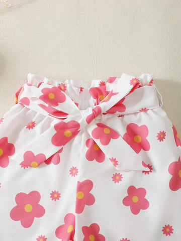 Young Girl Summer Floral Print Round Neck Top And Paper Bag Waist Shorts Set