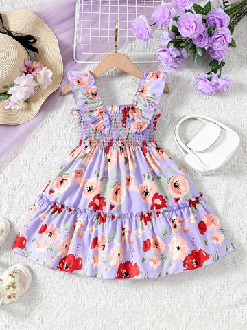 Young Girl Summer Floral Print Shirred Cap Sleeve Dress For Vacation