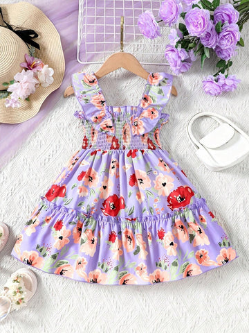 Young Girl Summer Floral Print Shirred Cap Sleeve Dress For Vacation