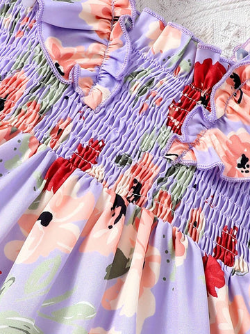 Young Girl Summer Floral Print Shirred Cap Sleeve Dress For Vacation