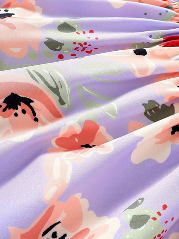 Young Girl Summer Floral Print Shirred Cap Sleeve Dress For Vacation