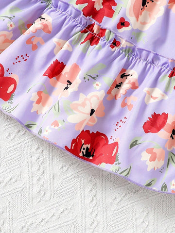 Young Girl Summer Floral Print Shirred Cap Sleeve Dress For Vacation