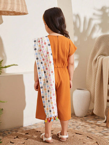 Young Girl Summer Floral Print V-Neck Batwing Sleeve Loose Jumpsuit, Vacation Style