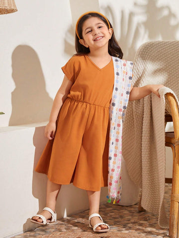 Young Girl Summer Floral Print V-Neck Batwing Sleeve Loose Jumpsuit, Vacation Style