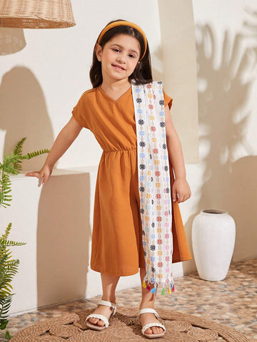 Young Girl Summer Floral Print V-Neck Batwing Sleeve Loose Jumpsuit, Vacation Style