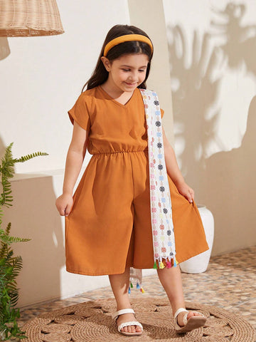 Young Girl Summer Floral Print V-Neck Batwing Sleeve Loose Jumpsuit, Vacation Style