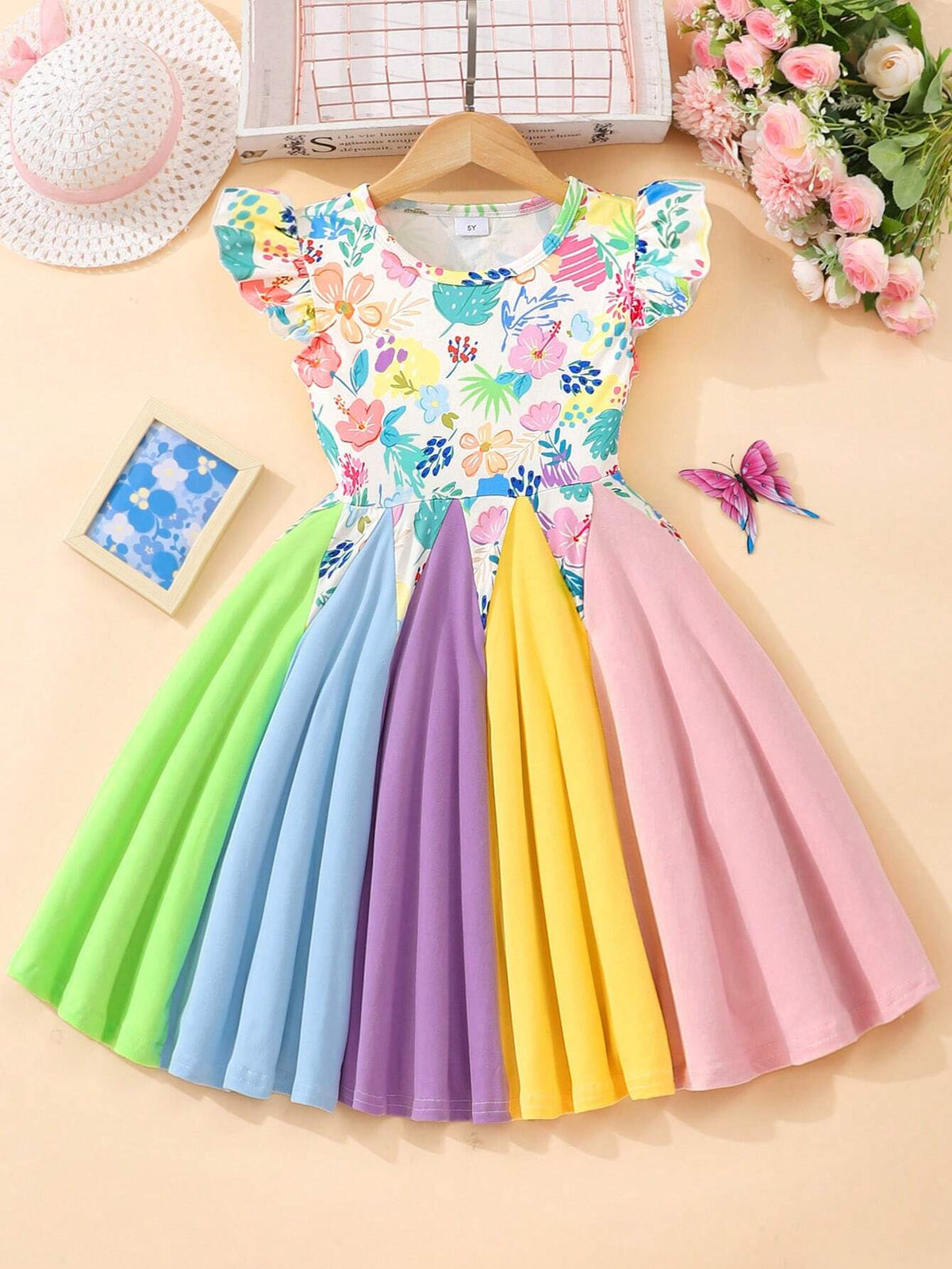 Young Girl Summer Floral Printed Round Neck Cap Sleeve Cute Dress