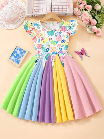 Young Girl Summer Floral Printed Round Neck Cap Sleeve Cute Dress