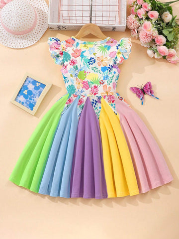 Young Girl Summer Floral Printed Round Neck Cap Sleeve Cute Dress