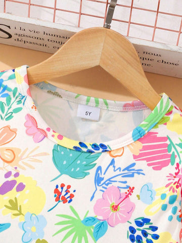 Young Girl Summer Floral Printed Round Neck Cap Sleeve Cute Dress